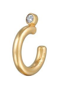 Guldbelagt sølv hoops-ørering med et glat, buet design og en lille klar stenaccent øverst. Stemplet 925 Ag.