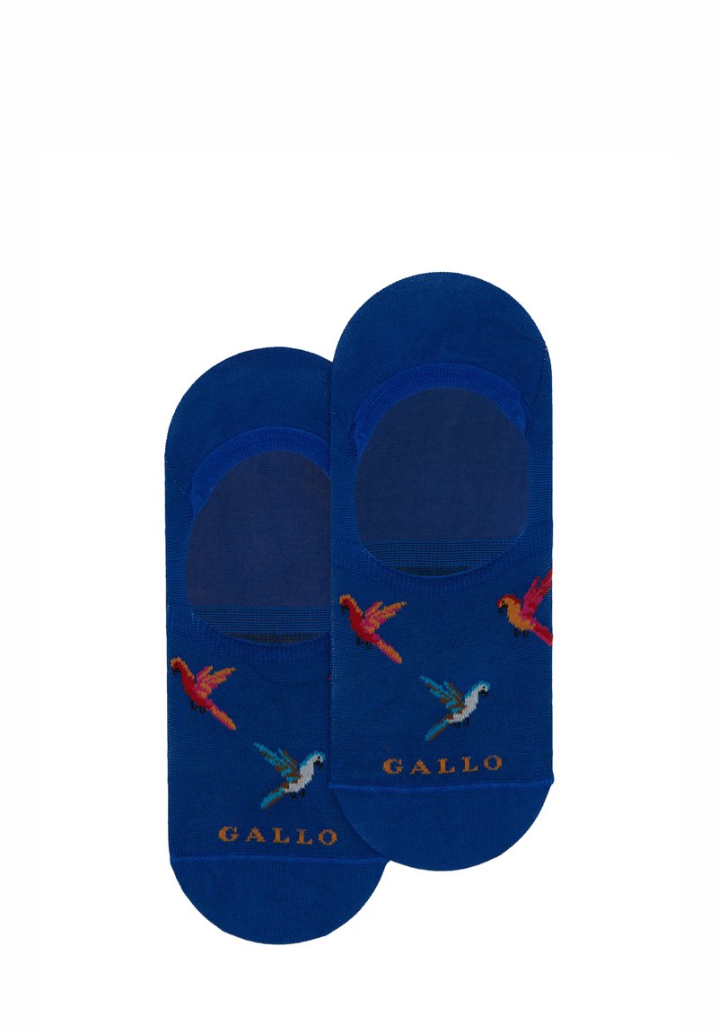 Calzini alla caviglia blu con ricami colorati di uccelli, con una texture liscia e bordi arrotondati. "GALLO" è stampato vicino all'area delle punte.