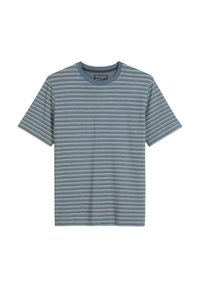 T-shirt à manches courtes rayé bleu et blanc avec un col rond, fabriqué en tissu doux, à coupe régulière. Étiquette de marque visible.