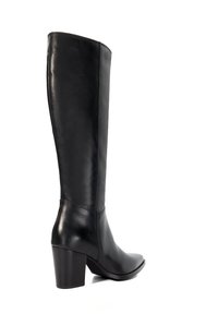 Black leather knee-high boot with a pointed toe, block heel, and smooth texture. Visible stitching detail and clean silhouette.
