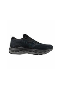 Scarpa da corsa nera con tomaia in rete, logo blu, suola grigia spessa e imbottita, e design con lacci, mostrata in profilo destro.
