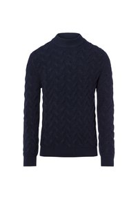 Marineblaue Strickpullover mit langen Ärmeln und einem gerippten hohen Ausschnitt, Bündchen und Saum.