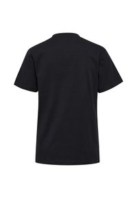 Sort bomulds T-shirt med korte ærmer, rund hals og en glat overflade. Ingen synlige grafik eller mønstre på ryggen.