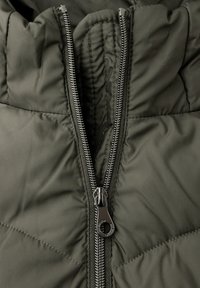 Chaqueta de plumas verde oscuro con un cuello alto, que presenta un cierre de cremallera plateada y una textura acolchada. La cremallera se extiende por el centro, con costuras laterales.