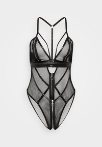Black mesh bodysuit featuring a plunging neckline, adjustable straps, and a front zipper closure with circular accents. Geometric cutouts.