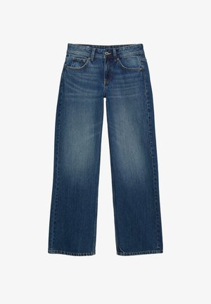 Weite blaue Denim-Jeans mit einem ausgewaschenen Finish, Fünf-Taschen-Design und kontrastierenden Nähten. Geschlossen mit einem Knopf und einem Reißverschluss.