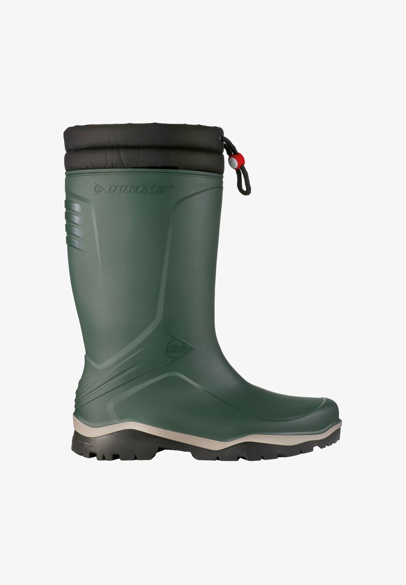 Green rubber boots with a textured exterior, black padded collar, adjustable drawstring, and durable, grooved black sole.