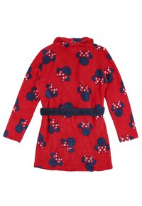 Accappatoio in pile rosso con un motivo di teste di Topolino blu navy e fiocchi a pois. Include una cintura coordinata e maniche lunghe.