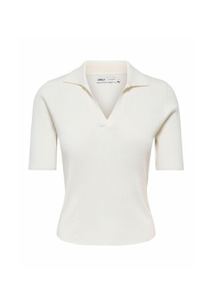 Wit ribgebreid topje met korte mouwen, een brede kraag en een V-hals, ontworpen voor een aansluitende pasvorm.