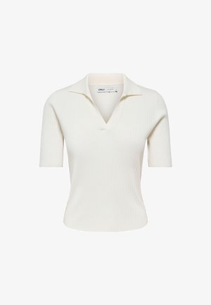 Wit ribgebreid topje met korte mouwen, een brede kraag en een V-hals, ontworpen voor een aansluitende pasvorm.