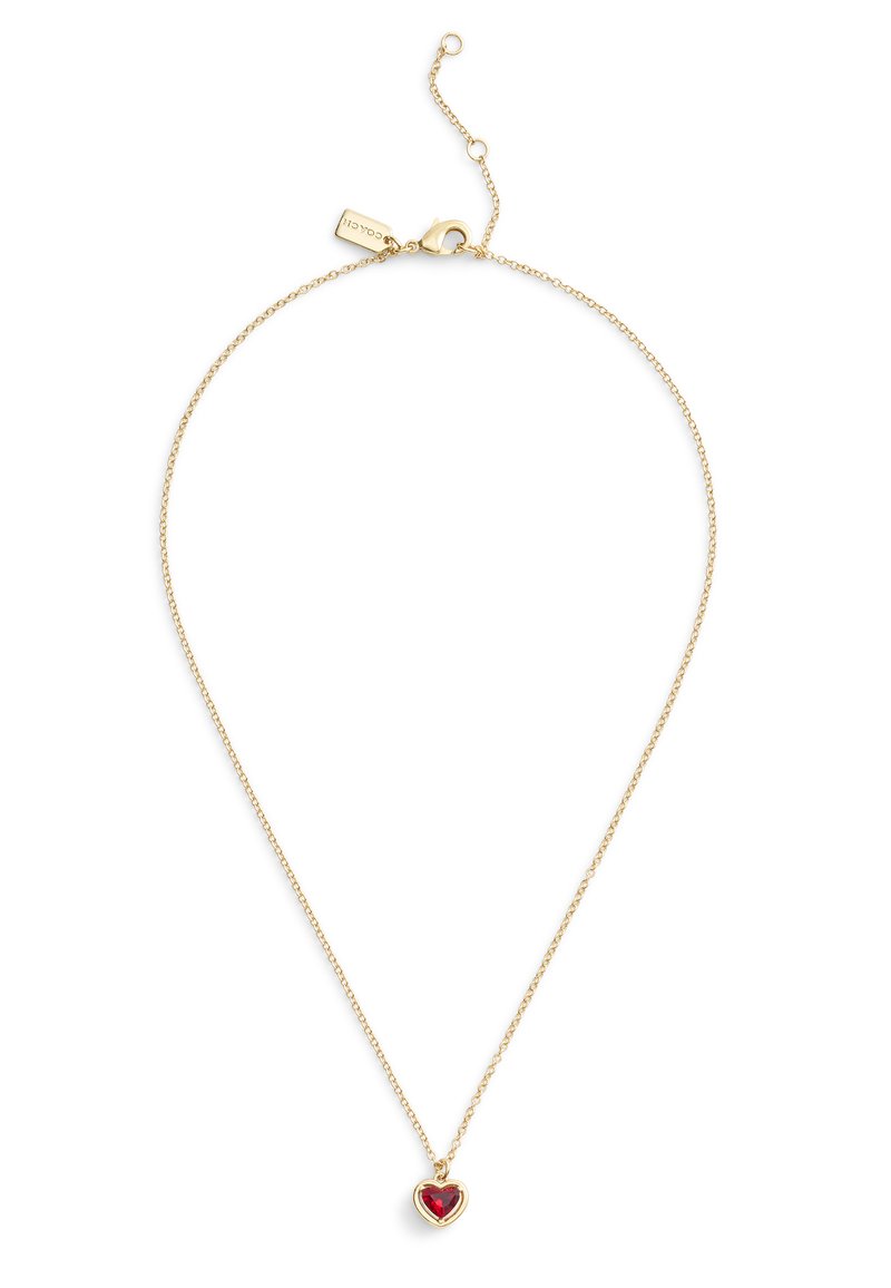 Gold chain necklace featuring a heart-shaped pendant with a red gemstone. Delicate links and a lobster clasp closure.