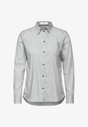 Wzorzysta koszula z długim rękawem w szaro-białe paski, z kieszonką na piersi, czarnymi guzikami i zaokrąglonym dołem.