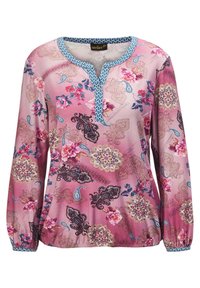 Langärmelige, rosa Bluse mit floralem Muster sowie Paisley- und geometrischen Motiven. Verfügt über einen Notch-Kragen und elastische Manschetten mit blauen Akzenten. Weicher Stoff.