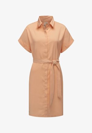 Pfirsichfarbendes Hemdkleid, kurze Ärmel, durchgehende Knopfleiste, Taillengürtel, aus glattem Stoff, gerade geschnitten und knielang.