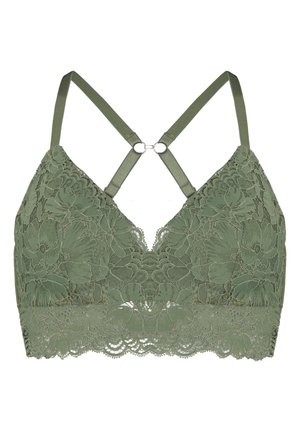 Olijfgroene kanten bralette met bloemenpatronen, verstelbare bandjes die achteraan aan een metalen ring zijn verbonden, en een gekartelde kanten rand aan de onderkant.