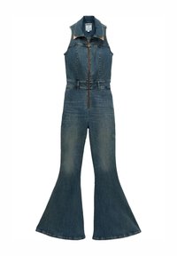 Bezroku džinsa kombinezons ar rāvējslēdzēju priekšpusē, smailu apkakli, piegulošu vidukli un zvīņainām kājām vidēji zilā tonī.