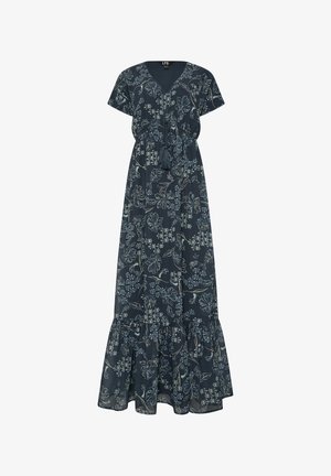 Robe maxi bleu marine à fleurs avec manches courtes, col en V, taille froncée avec liens à pompons et ourlet à volants.