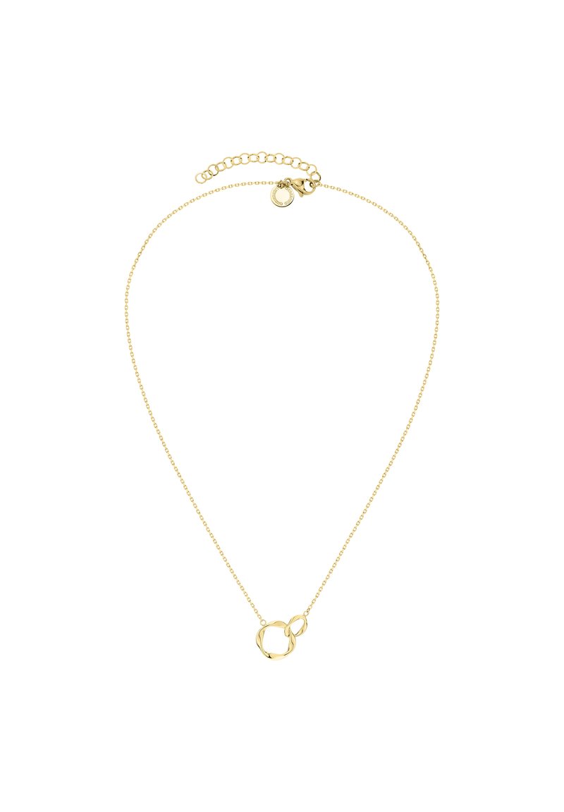 Collana placcata in oro caratterizzata da una catena con due pendenti a cerchio intrecciati, uno liscio e uno testurizzato, con chiusura regolabile.
