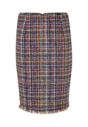 Bleistiftrock aus Tweed im mehrfarbigen Karomuster, mit fransensaum und taillierter Silhouette. Das Material ist strukturiert und gewebt.