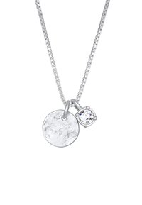 Collier en argent avec un pendentif circulaire texturé et un accent en pierre précieuse facettée transparente. La chaîne a un design lisse et lié.