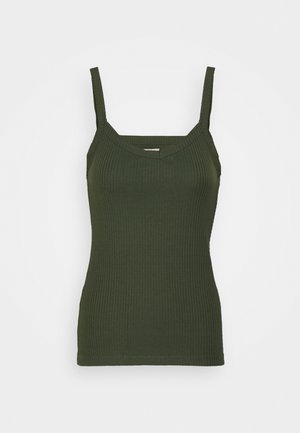Olivengrøn ribstrikket tanktop med tynde stropper, der har en firkantet udskæring og en tætsiddende silhuet. Blødt, tekstureret stof. Ingen synlige logoer.