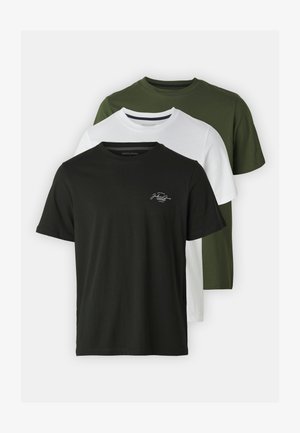 Trei tricouri din bumbac: unu negru cu logo alb, unu alb și unu verde închis. Toate au mâneci scurte și guler tip crew neck.