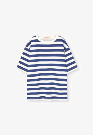 Marineblauw en witte gestreepte t-shirt met korte mouwen, ronde hals en een relaxte pasvorm. Zachte stof met gelijkmatig horizontale strepen en geen grafische details.