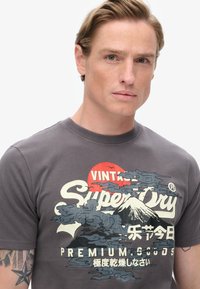 Camiseta de algodón gris con un estampado gráfico vintage de una montaña, nubes y texto en japonés. Mangas cortas y cuello redondo.