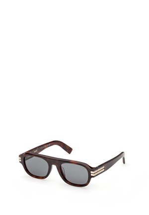 Ciemnobrązowe prostokątne okulary przeciwsłoneczne z przyciemnianymi szkłami i dwoma srebrnymi poziomymi paskami na każdej zauszniku.