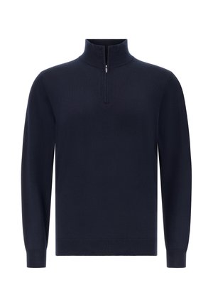 Suéter de cuello alto color azul marino con cierre de media cremallera. Hecho de un suave tejido de punto, con puños y dobladillo acanalados para un ajuste ceñido.