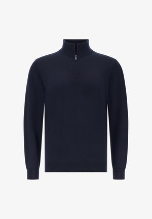Pull over en maille bleu marine avec col montant et fermeture éclair demi-zippée. Fabriqué en tissu en tricot doux, avec des poignets et un ourlet côtelés pour un look ajusté.