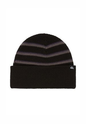 Bonnet en tricot noir avec des rayures horizontales violettes et grises. Présente un revers et une petite étiquette logo sur le côté.