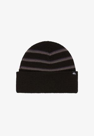 Bonnet en tricot noir avec des rayures horizontales violettes et grises. Présente un revers et une petite étiquette logo sur le côté.