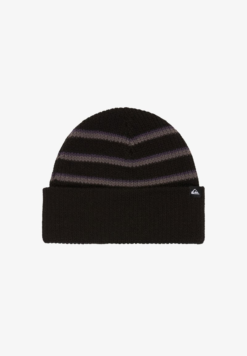 Zwarte gebreide beanie met paarse en grijze horizontale strepen. Beschikt over een omgeslagen boord en een klein logo-label aan de zijkant.