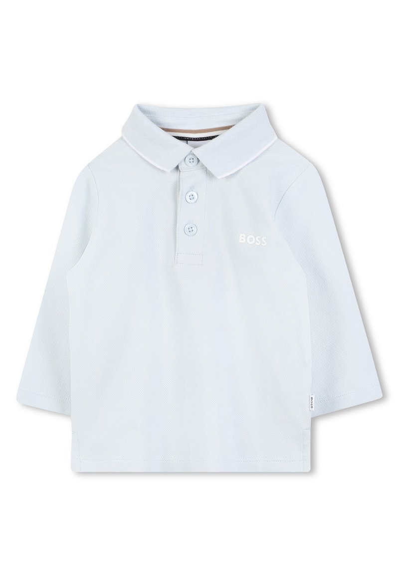 Šviesiai mėlynas, ilgų rankovių polo marškinėliai, pagaminti iš medvilnės, su apykakle, trimis mygtukais ir diskretišku logotipu ant krūtinės.