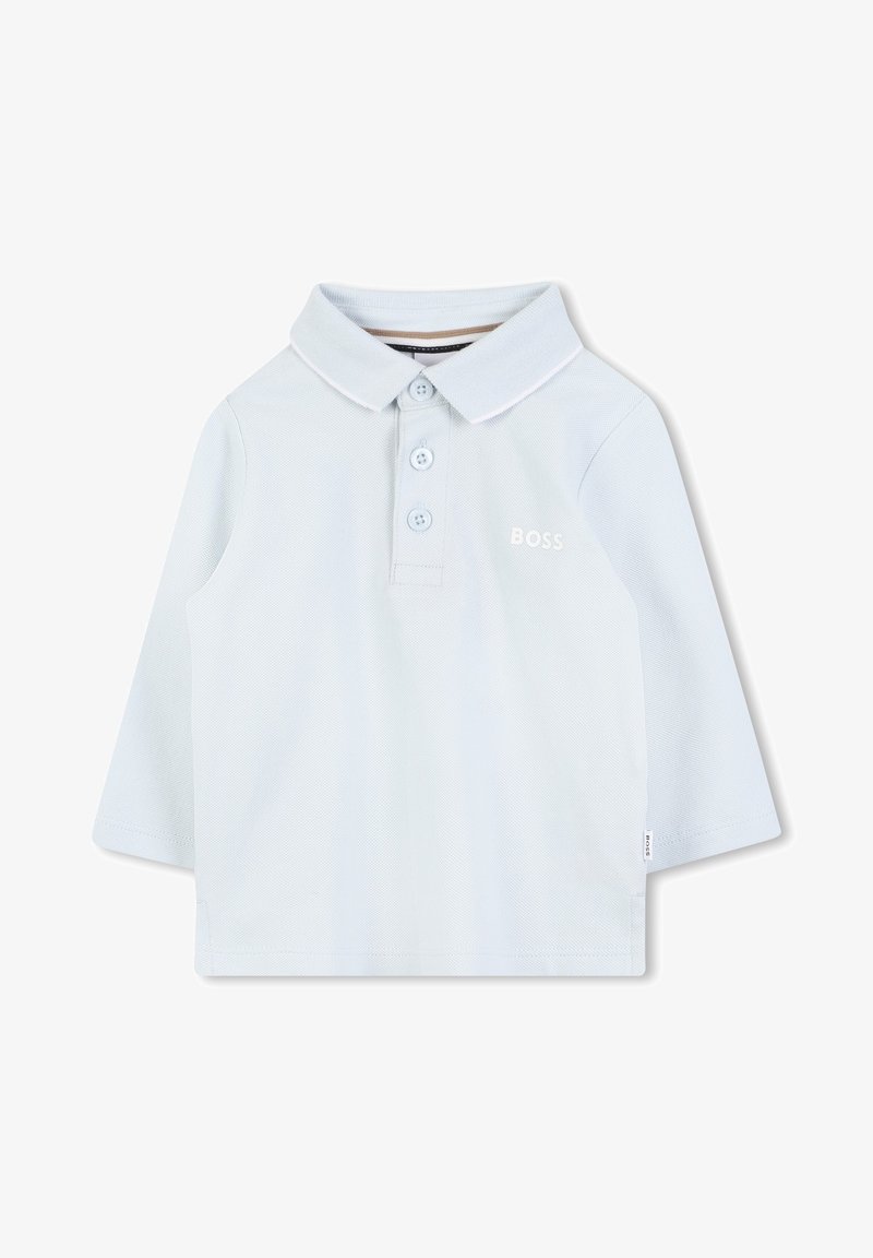 Šviesiai mėlynas, ilgų rankovių polo marškinėliai, pagaminti iš medvilnės, su apykakle, trimis mygtukais ir diskretišku logotipu ant krūtinės.