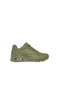 Olive green sneaker with smooth synthetic upper, lace-up design, perforated accents, and a visible air cushioning unit in the sole.