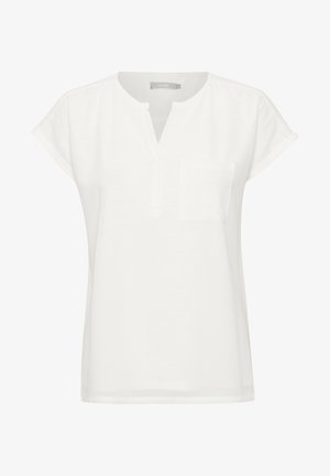 Witte blouse met korte mouwen, gemaakt van lichtgewicht stof, met een notch halslijn en een klein zakje aan de linkerkant. Glad materiaal.