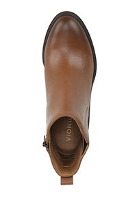 Bruine leren enkelboot met een ronde neus, zijrits, gladde textuur en een gewatteerde inlegzool met gouden branding.