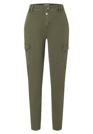 Olive green cargo pants made of textured fabric, featuring side pockets, a fitted design, and a button closure at the waist.