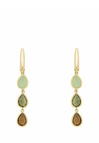 Gold-tone earrings featuring three teardrop-shaped stones in light green, dark green, and brown, suspended from sleek leverback hooks.