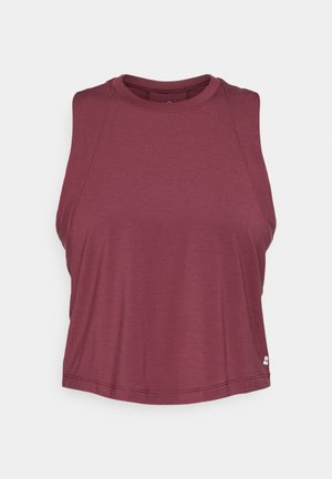 Bordo kratki top bez rukava od mekog materijala. Ima okrugli izrez i suptilne šavove, s malim logotipom na rubu.
