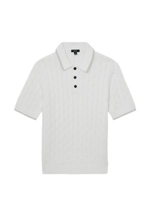 Valkoinen lyhythihainen kaapelisukkeneuletakki, jossa on kolme mustaa nappia ja kaulus, jossa harmaa reunus.