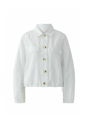 Weißes langärmliges Jackett mit Kragen, vorderen Klappentaschen, elastischen Bündchen, Kordelzug am Saum und fünf großen vorne angebrachten Knöpfen.