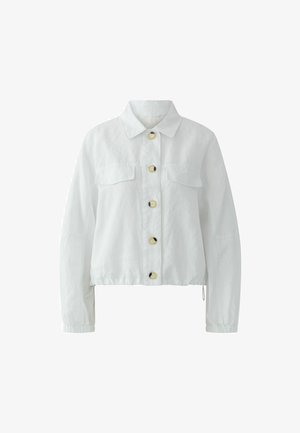 Weißes langärmliges Jackett mit Kragen, vorderen Klappentaschen, elastischen Bündchen, Kordelzug am Saum und fünf großen vorne angebrachten Knöpfen.