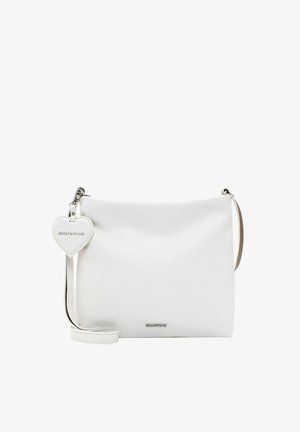 Witte leren crossbodytas met een gestructureerde afwerking, voorzien van een afneembare hartvormige label, verstelbare schouderband en subtiele branding.