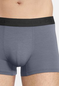 Gray boxer briefs with a black elastic waistband featuring the brand name. Smooth texture, fitted design, and mid-thigh length.