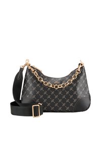 Sac à main noir à motifs avec chaîne à accent doré et bandoulière réglable. Fabriqué en matériau texturé avec une forme arrondie et un détail de logo.