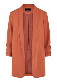 Rostfärgad blazer tillverkad av slätt tyg, med sjalkrage, långa ärmar och en ren, öppen framsidesdesign. Insidan är fodrad i en kontrasterande färg.