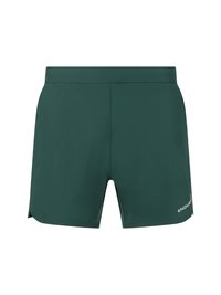 Dunkelgrüne Sportshorts mit glatter Textur, seitlichen Schlitzen und dezentem Logo-Detail am unteren rechten Bein. Gummizug im Bund.